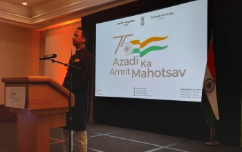 Ambassador Abhishek Singh addressing the gathering at the inauguration of the 'India Week' in Caracas as part of AKAM